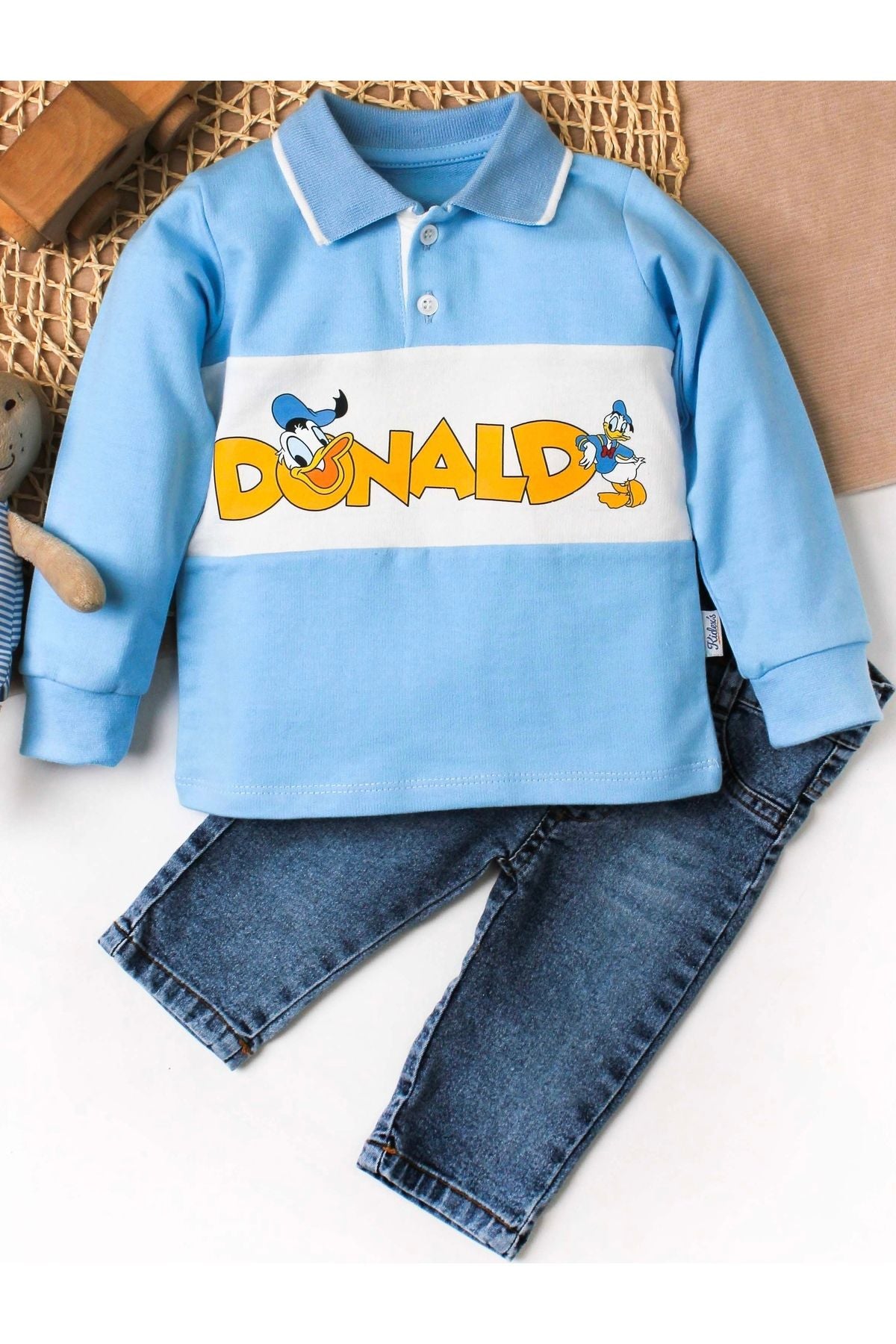 Erkek bebek gömlek kısa kollu pantolon ikili takım donald baskılı ördekli %100 pamuklu